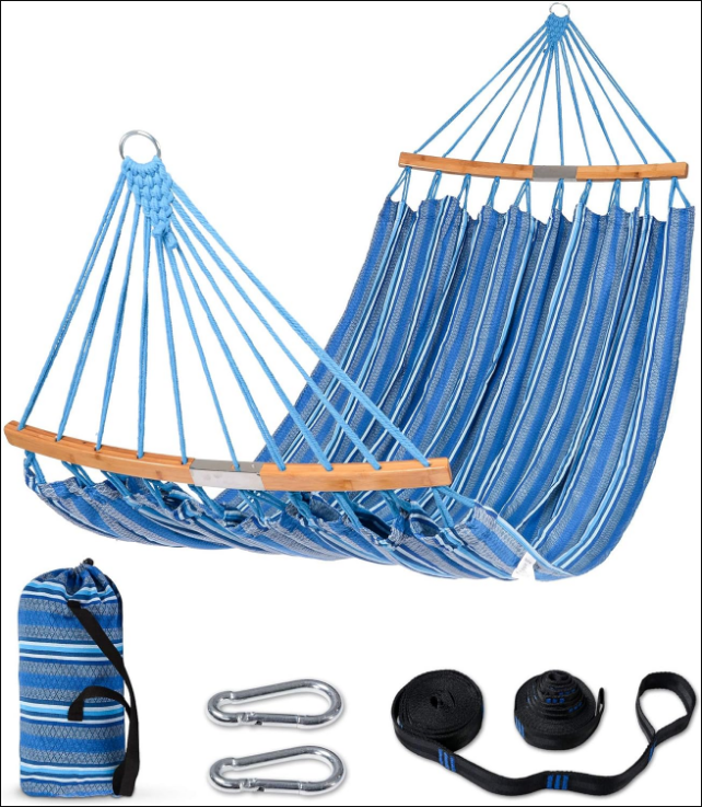 Hammocks Double Hammock with Curved Spreader Bar, Outdoor Portable Hammock with Carrying Bag & Tree Straps for Bedroom, Patio, Backyard, Balcony, Max 450lbs Capacity, Blue