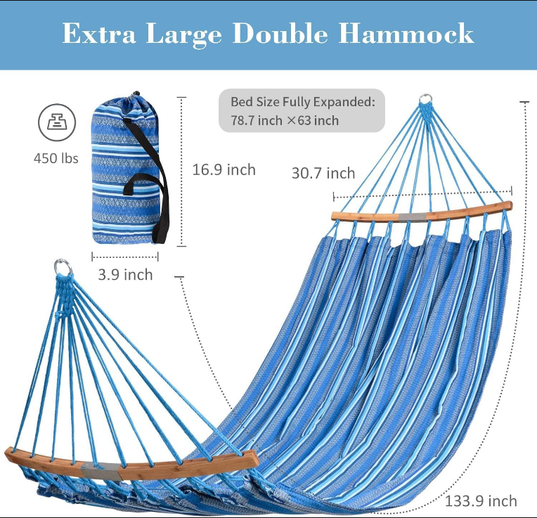 Hammocks Double Hammock with Curved Spreader Bar, Outdoor Portable Hammock with Carrying Bag & Tree Straps for Bedroom, Patio, Backyard, Balcony, Max 450lbs Capacity, Blue