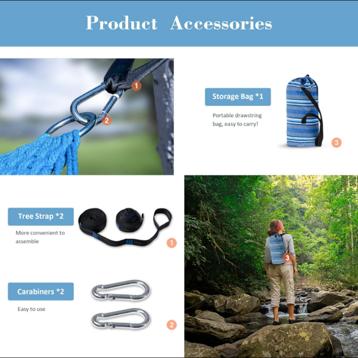 Hammocks Double Hammock with Curved Spreader Bar, Outdoor Portable Hammock with Carrying Bag & Tree Straps for Bedroom, Patio, Backyard, Balcony, Max 450lbs Capacity, Blue