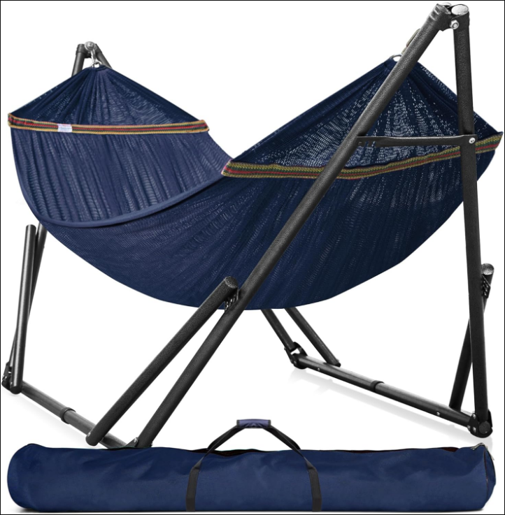 Double Hammock with Stand Included for 2 Persons/Foldable Hammock Stand 600 lbs Capacity Portable Case - Inhouse, Outdoor, Camping, Aegean