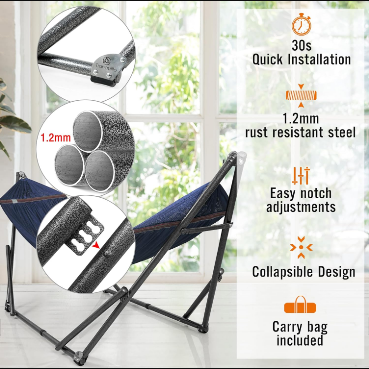Double Hammock with Stand Included for 2 Persons/Foldable Hammock Stand 600 lbs Capacity Portable Case - Inhouse, Outdoor, Camping, Aegean