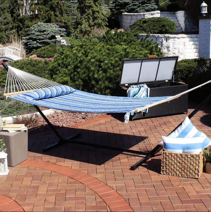 Outdoor Quilted Fabric Hammock - Two-Person with Spreader Bars - Heavy-Duty 450-Pound Capacity - Catalina Beach