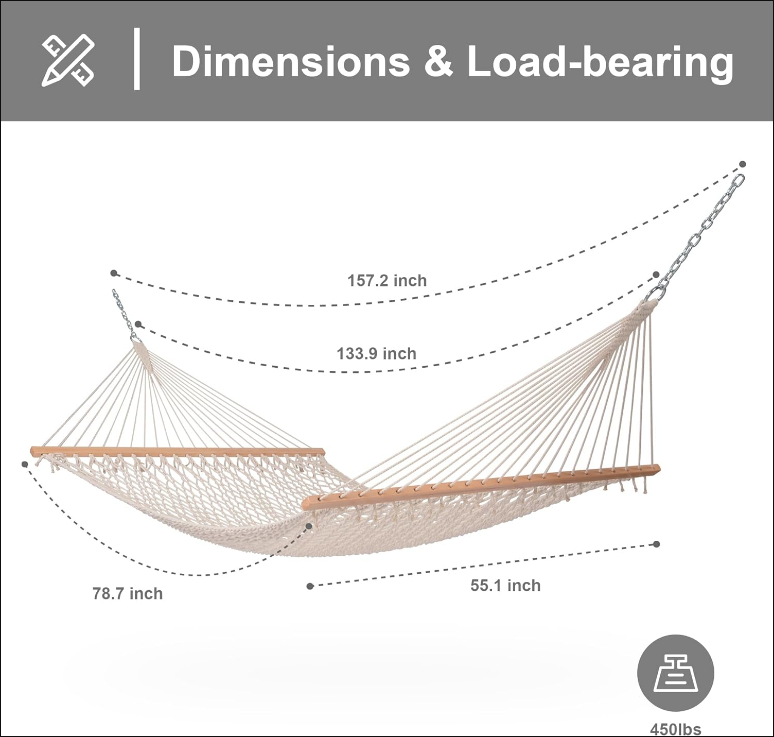  Hammocks Traditional Rope Double Hammock with Hardwood Spreader Bar and Carrying Bag, 450 lbs Capacity, Natural