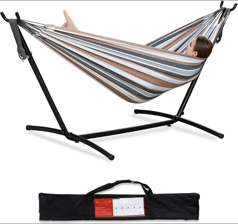 Double Hammock with Space Saving Steel Stand Included 2 Person Heavy Duty Outside Garden Yard Outdoor 450lb Capacity 2 People Standing Hammocks and Portable Carrying Bag (Coffee)