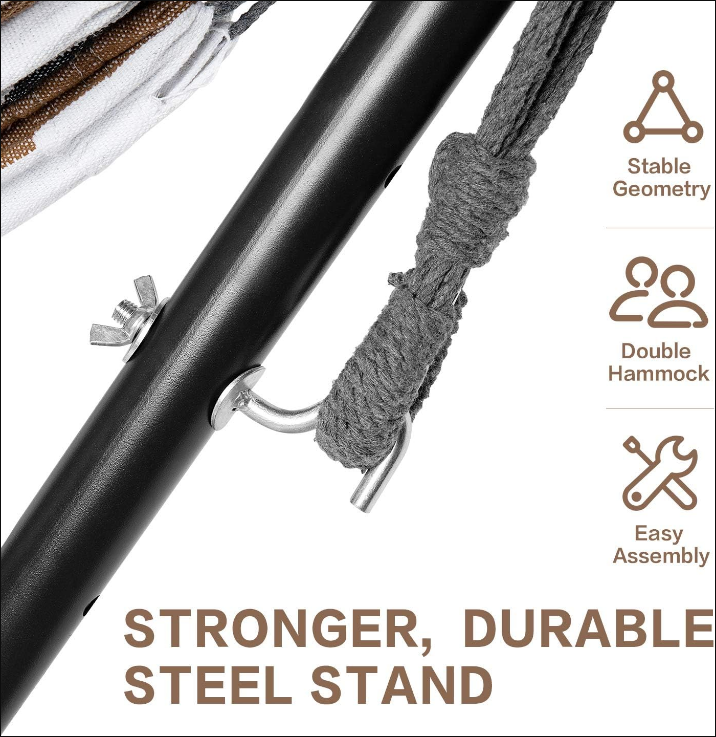 Double Hammock with Space Saving Steel Stand Included 2 Person Heavy Duty Outside Garden Yard Outdoor 450lb Capacity 2 People Standing Hammocks and Portable Carrying Bag (Coffee)