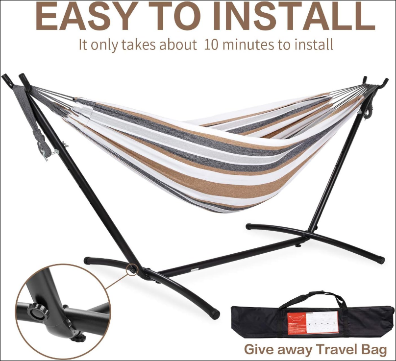Double Hammock with Space Saving Steel Stand Included 2 Person Heavy Duty Outside Garden Yard Outdoor 450lb Capacity 2 People Standing Hammocks and Portable Carrying Bag (Coffee)