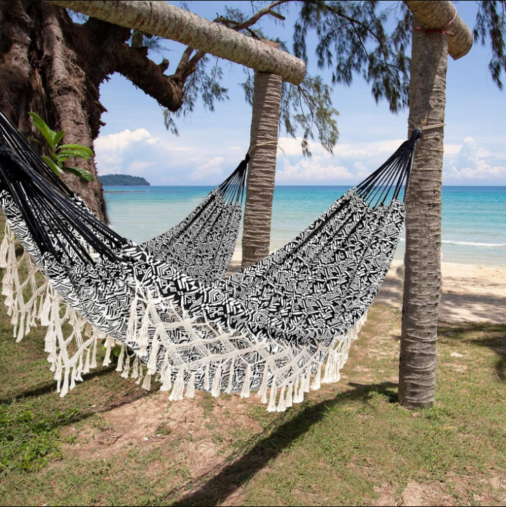 Portable Hammock with Tassel,2 Person,Brazilian Tree Hammocks with Carry Bag for Bedroom,Garden,Backyard,Patio,Outdoor and Indoor XX-Large Black/White Woven Cotton Fabric, Up to 450Lbs