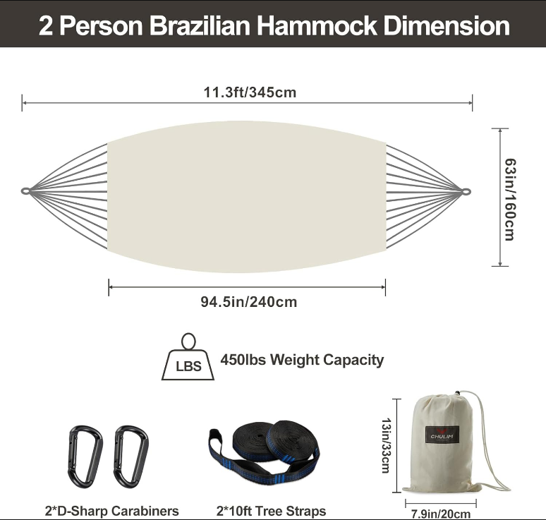 Brazilian Double Hammock with Tree Straps,Extra Large 240x160cm,2 Persons Hammock for Backyard Patio Outdoor and Indoor,450lbs Weight Capacity,Soft Woven Cotton Fabric