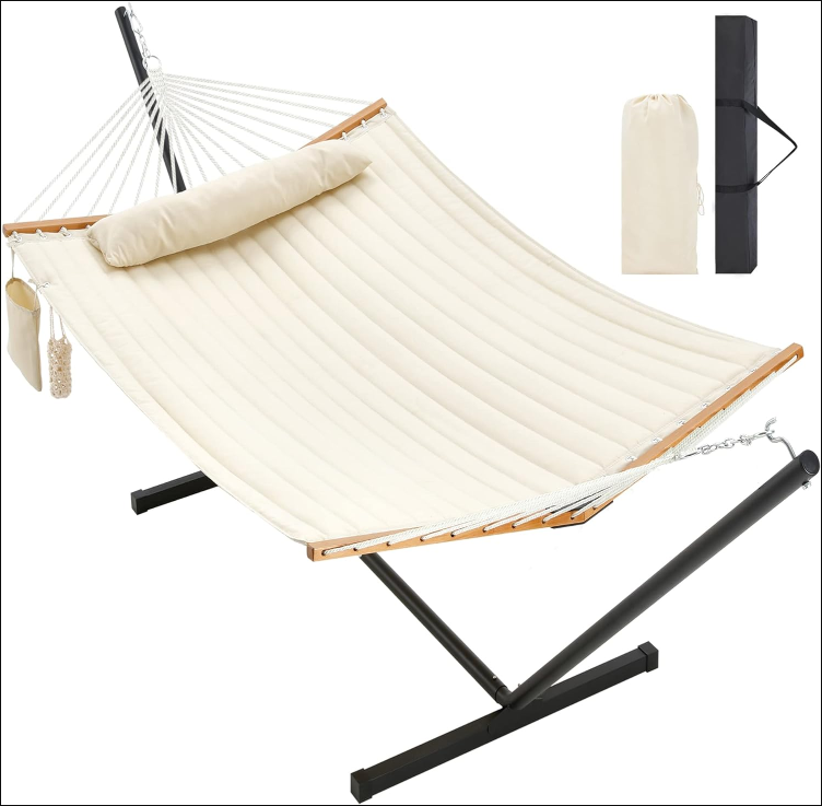 Two Person Hammock with Stand Heavy Duty, Outdoor Patio Hammock with Portable Steel Stand, Large Double Hammocks,480lbs Capacity