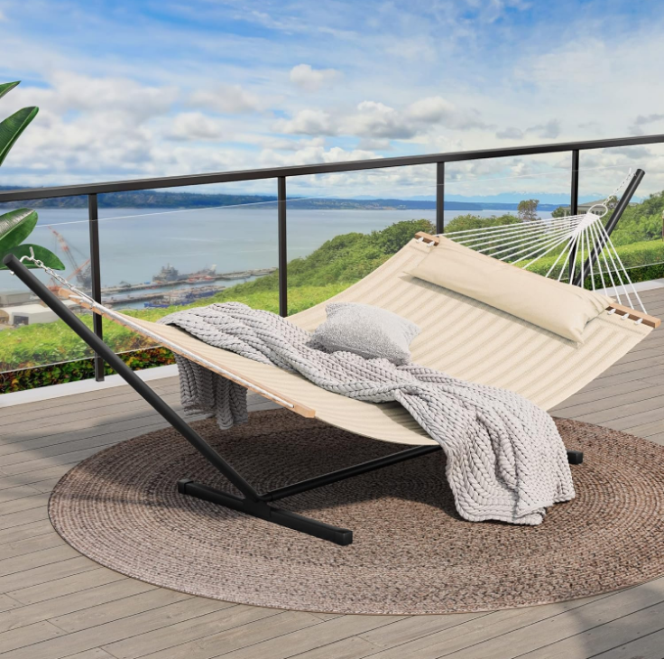 Hammock with Stand Included Hammock Heavy Duty Hammocks with 12FT Steel Stand Waterproof Portable Freestanding Hammock with Pillow 450lbs for Outdoors,Backyard,Patio-Beige