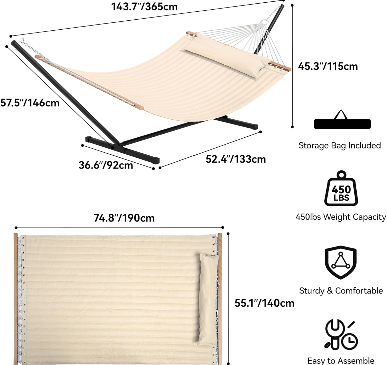 Hammock with Stand Included Hammock Heavy Duty Hammocks with 12FT Steel Stand Waterproof Portable Freestanding Hammock with Pillow 450lbs for Outdoors,Backyard,Patio-Beige