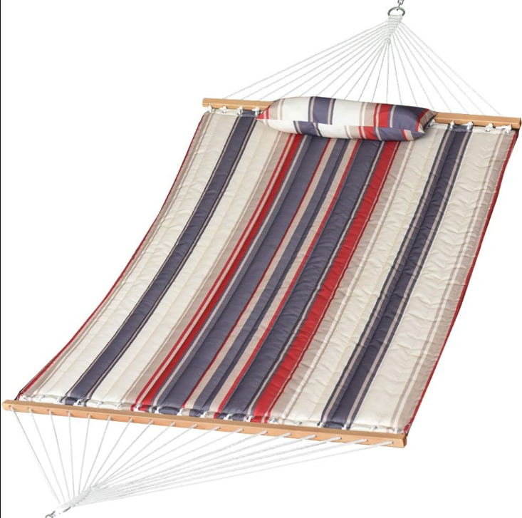 Quilted Fabric Double Hammock with Pillow, Heavy Duty Hardwood Spreader Bar, Hammocks for Outside, 450-pound Capacity, Hamacas para Adultos for Patio/Garden/Pool/Beach, Red Navy Stripe
