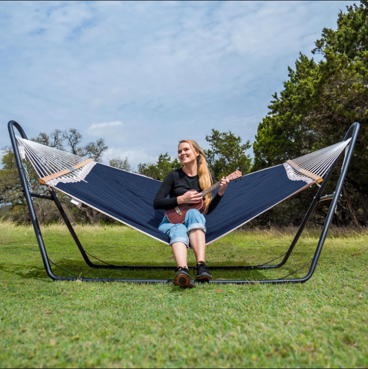 Hammocks for Outside with 10 ft Stand, Space Saving Heavy Duty Backyard Standing Hammock, Blue
