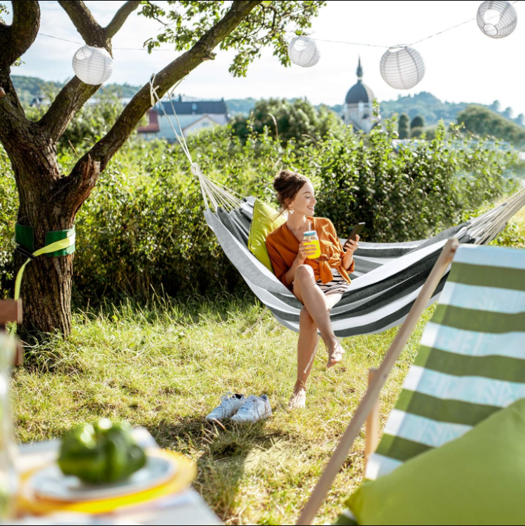 Double Hammock Brazilian Hammocks with Portable Carrying Bag,Soft Woven Fabric, Up to 450 Lbs Hanging for Patio,Trees,Garden,Backyard,Porch,Outdoor and Indoor XXX-Large Grey&White Stripe