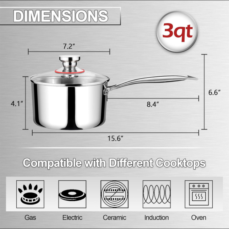 3-Quart Tri-Ply Saucepan with Lid, Joyfair 18/10 Stainless Steel Sauce Pot with Heatproof Handle, Induction Cookware for Cooking Boiling Stewing, Suitable for All Cooktops (Gas, Electric & Ceramic)