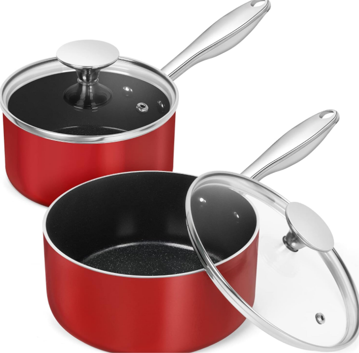 Sauce Pan with Lid, 1 Qt & 2 Qt Saucepans with Lids, Ceramic Sauce Pans Nonstick with Stainless Steel Handle, Oven Safe, Red