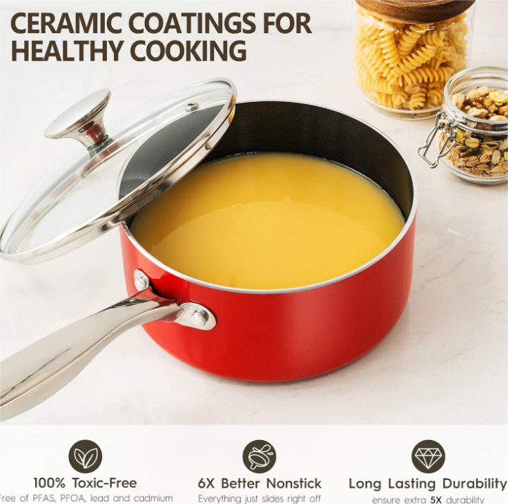 Sauce Pan with Lid, 1 Qt & 2 Qt Saucepans with Lids, Ceramic Sauce Pans Nonstick with Stainless Steel Handle, Oven Safe, Red