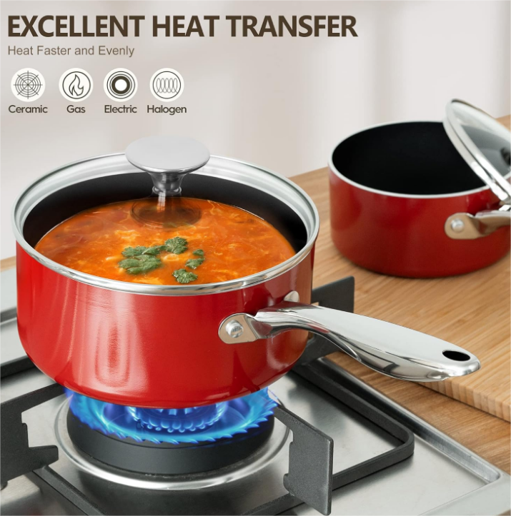 Sauce Pan with Lid, 1 Qt & 2 Qt Saucepans with Lids, Ceramic Sauce Pans Nonstick with Stainless Steel Handle, Oven Safe, Red