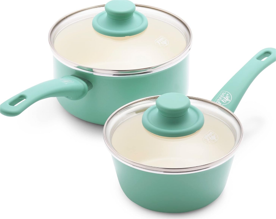 Soft Grip Healthy Ceramic Nonstick, 1QT and 2QT Saucepan Pot Set with Lids, PFAS-Free, Dishwasher Safe, Turquoise