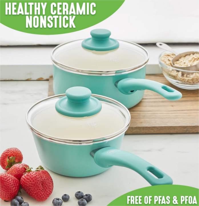Soft Grip Healthy Ceramic Nonstick, 1QT and 2QT Saucepan Pot Set with Lids, PFAS-Free, Dishwasher Safe, Turquoise