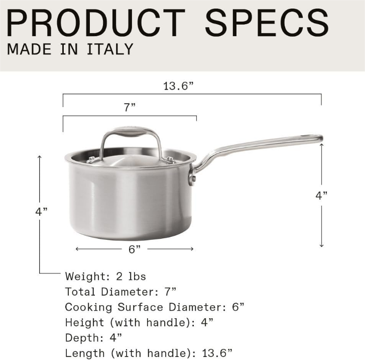 Cookware - 2 Quart Stainless Steel Saucepan with Lid - 5 Ply Stainless Clad Sauce Pan - Professional Cookware - Crafted in Italy - Induction Compatible
