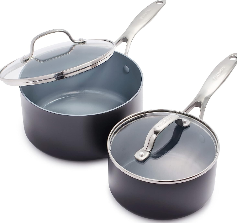 Valencia Pro Hard Anodized Healthy Ceramic Nonstick 2QT and 3QT Saucepan Pot Set with Lids, PFAS-Free, Induction, Dishwasher Safe, Oven Safe, Gray