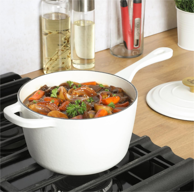 3 Qt Enamel Cast Iron Sauce Pan W/Lid - Matte Linen White