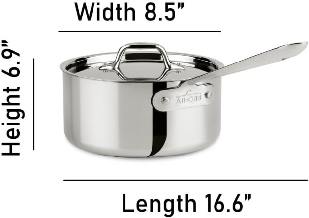 3-Ply Stainless Steel Sauce Pan 3 Quart Induction Oven Broiler Safe 600F Pots and Pans, Cookware Silver