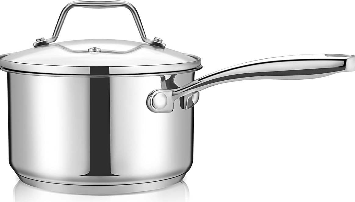 2 Quart Stainless Steel Pot with Lid - Heavy Duty Saucepan with Ergonomic Handles, For All Cooktops