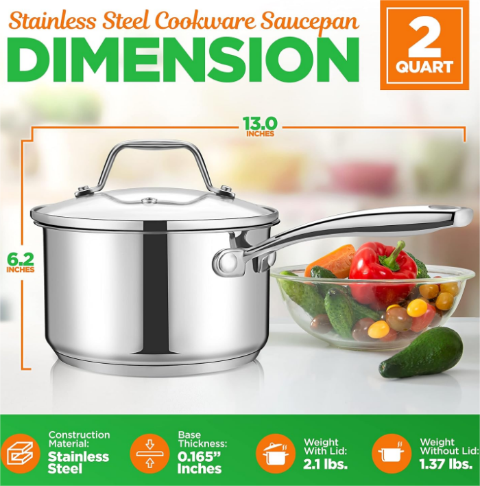 2 Quart Stainless Steel Pot with Lid - Heavy Duty Saucepan with Ergonomic Handles, For All Cooktops