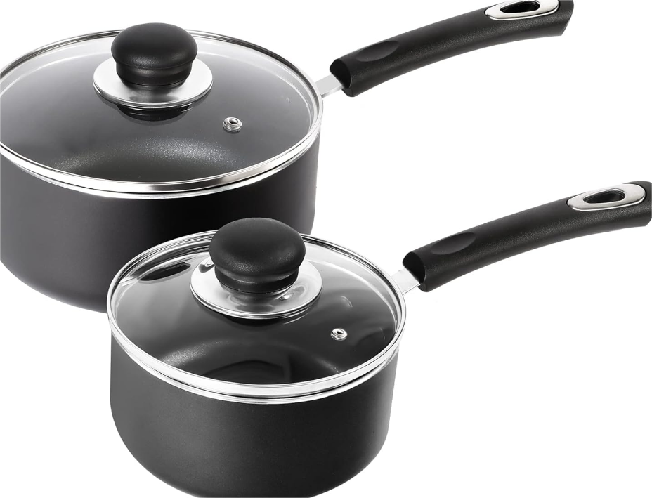 Nonstick Saucepan Set with Lid - 1 Quart and 2 Quart Multipurpose Pots Set Use for Home Kitchen or Restaurant (Grey-Black)