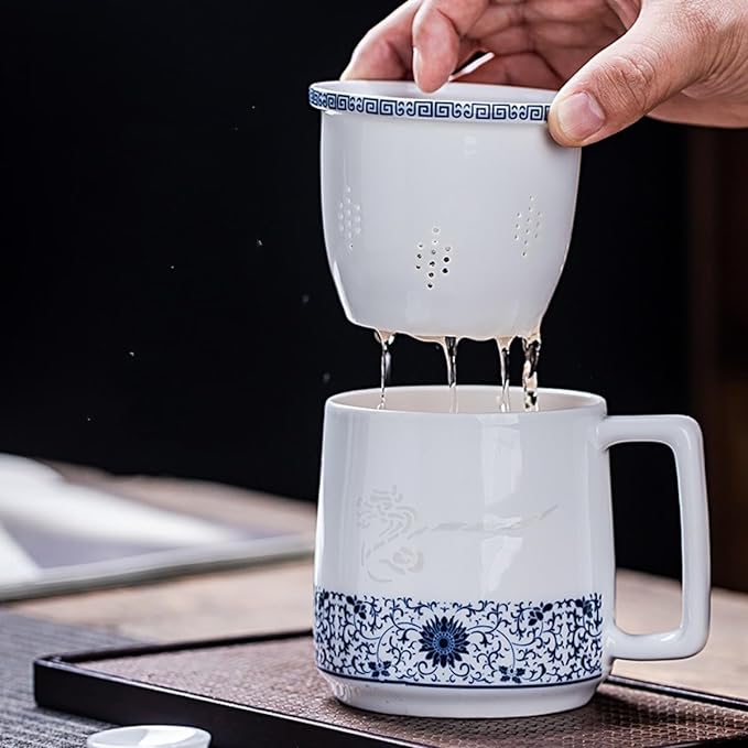 Blue and White Porcelain Dragon Teacup with Infuser and Lid Set