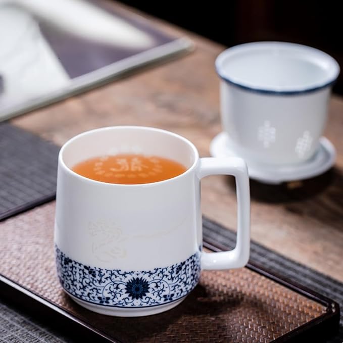 Blue and White Porcelain Dragon Teacup with Infuser and Lid Set