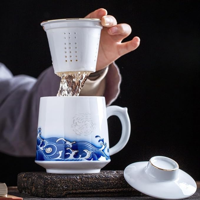 Blue and White Linglong Porcelain Teacup with Infuser and Lid Set, Infusion mug