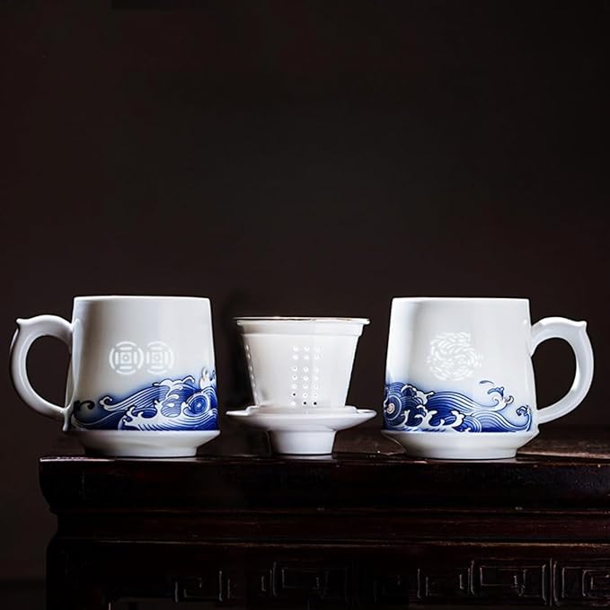 Blue and White Linglong Porcelain Teacup with Infuser and Lid Set, Infusion mug