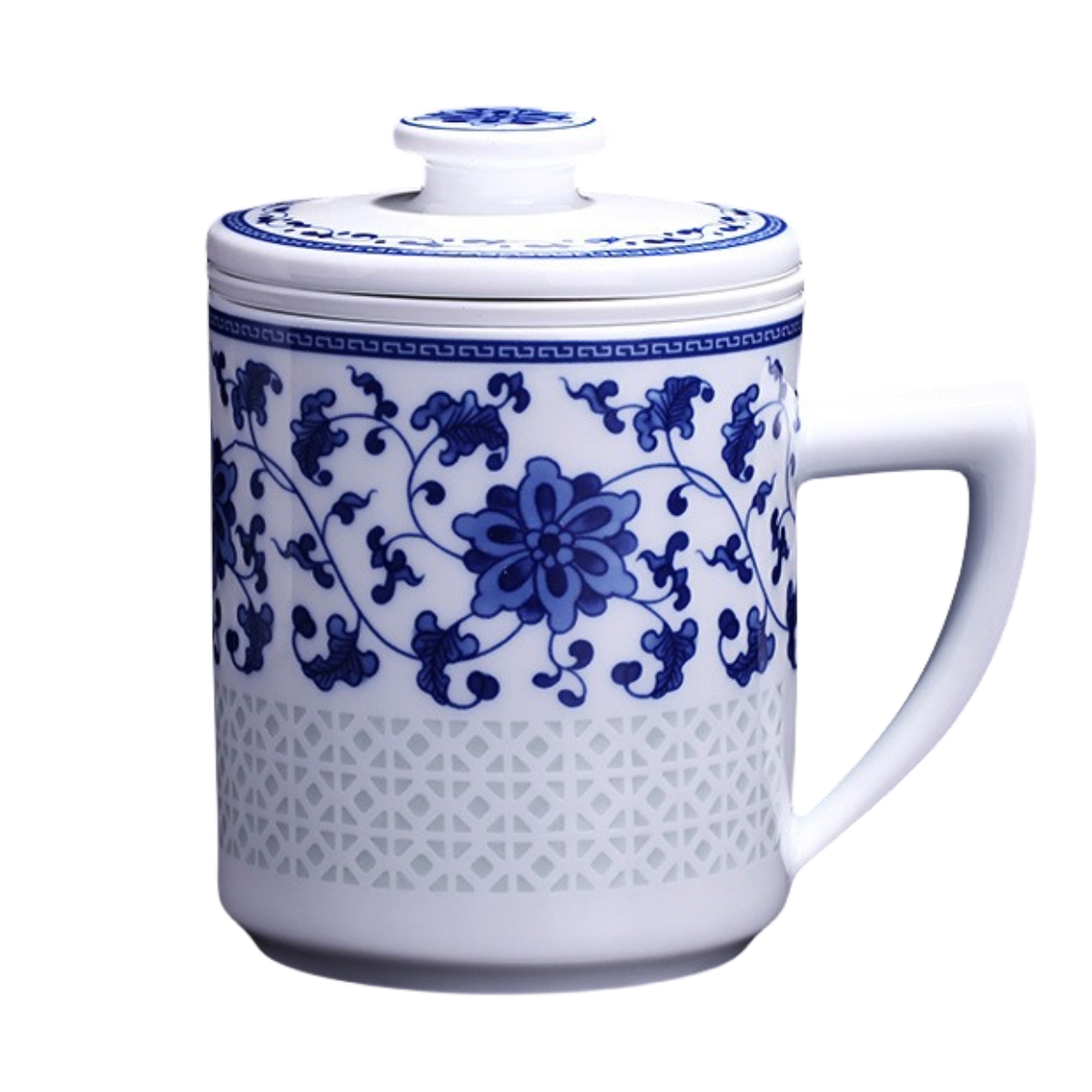 Blue and White Linglong Porcelain Teacup with Infuser and Lid Set, Infusion mug