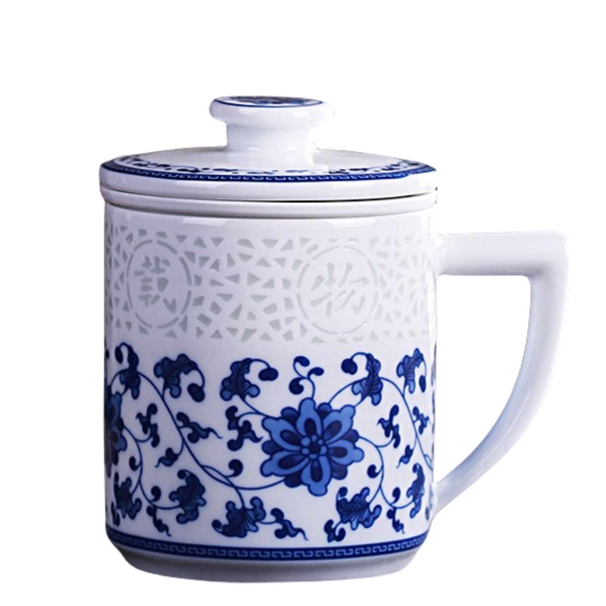Blue and White Linglong Porcelain Teacup with Infuser and Lid Set, Infusion mug