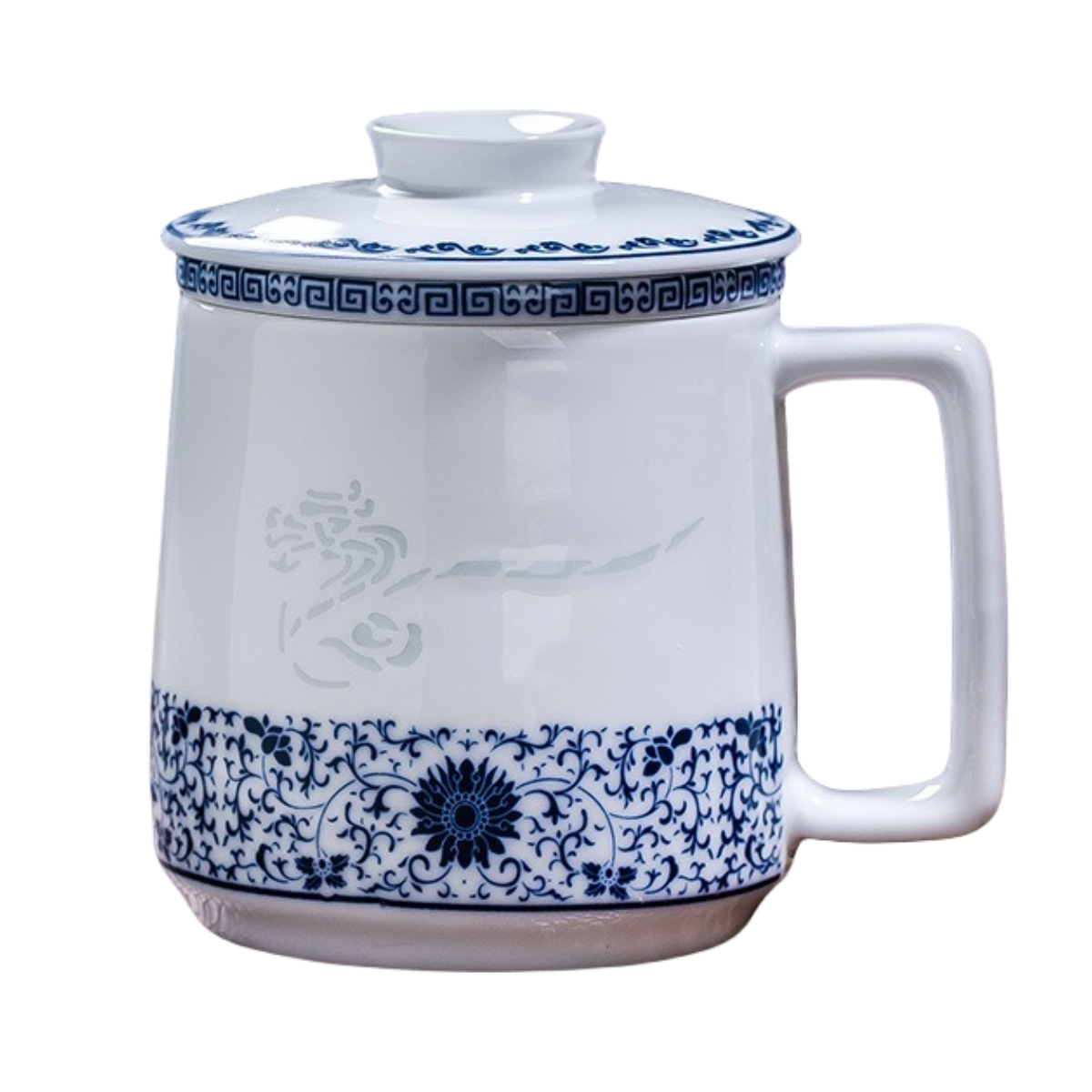 Blue and White Porcelain Dragon Teacup with Infuser and Lid Set