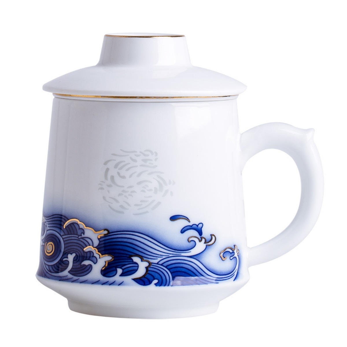 Blue and White Linglong Porcelain Teacup with Infuser and Lid Set, Infusion mug