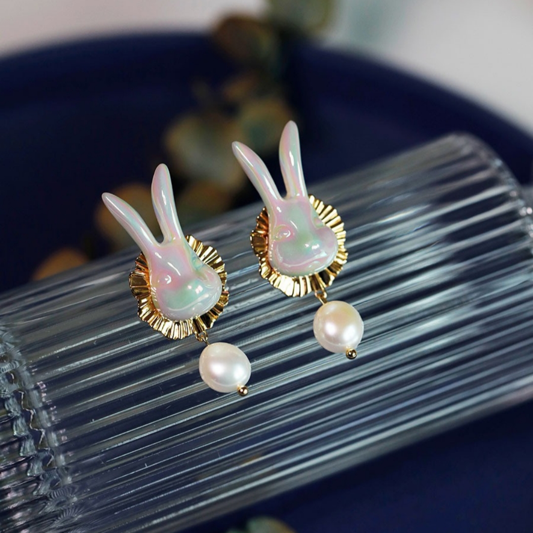 Handcrafted Ceramic Pearl Bunny Earrings