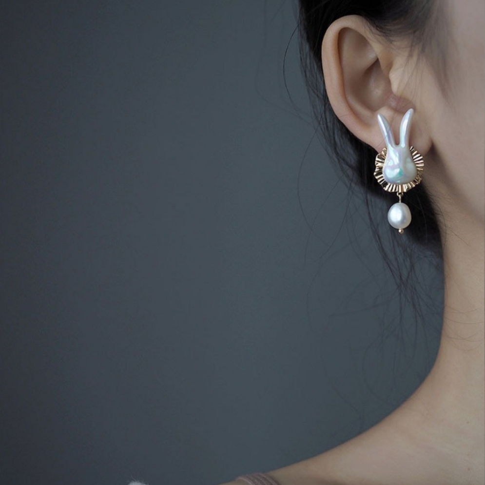 Handcrafted Ceramic Pearl Bunny Earrings