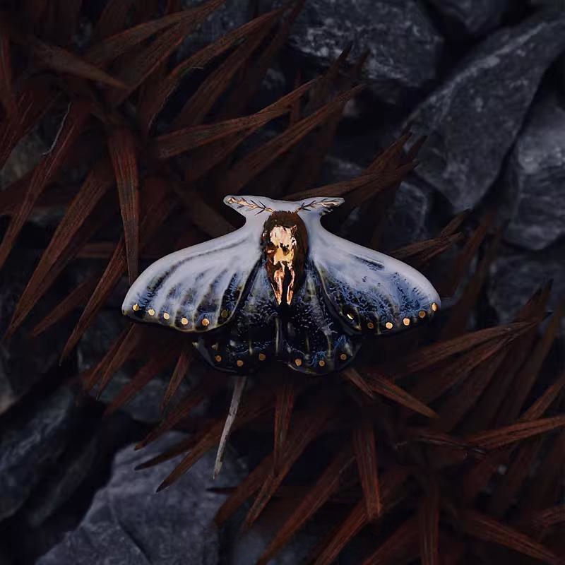 Handcrafted 'Blue Twilight Moth' Ceramic Brooch