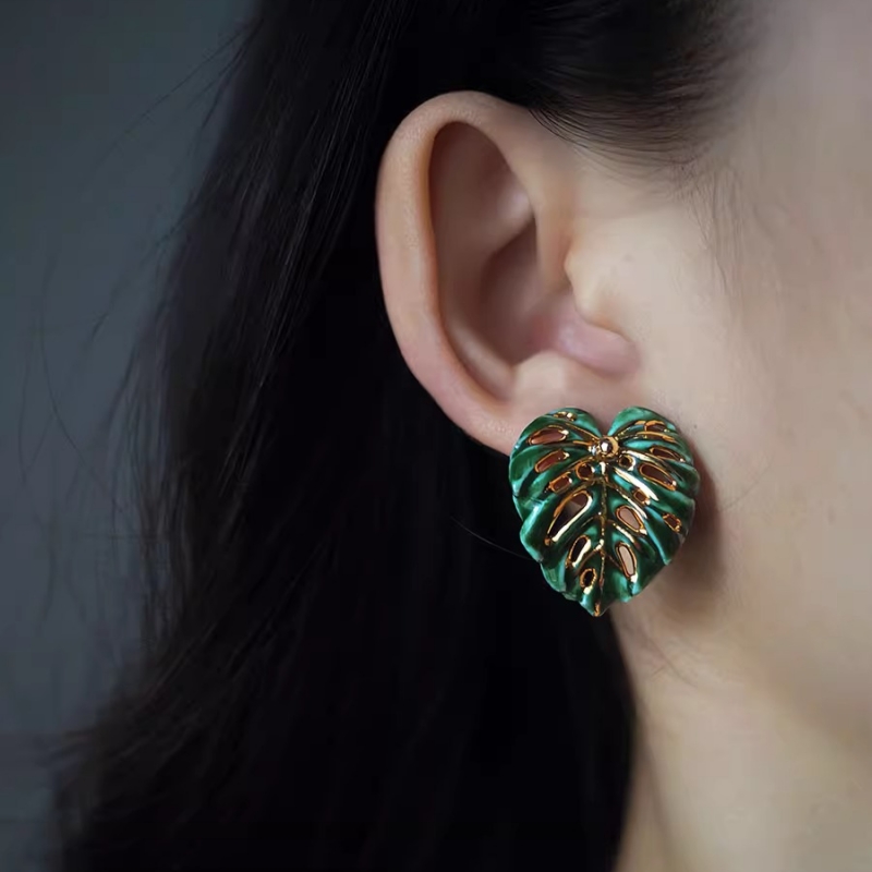 Hand-Painted Green Gold Ceramic Turtleback Bamboo Earrings
