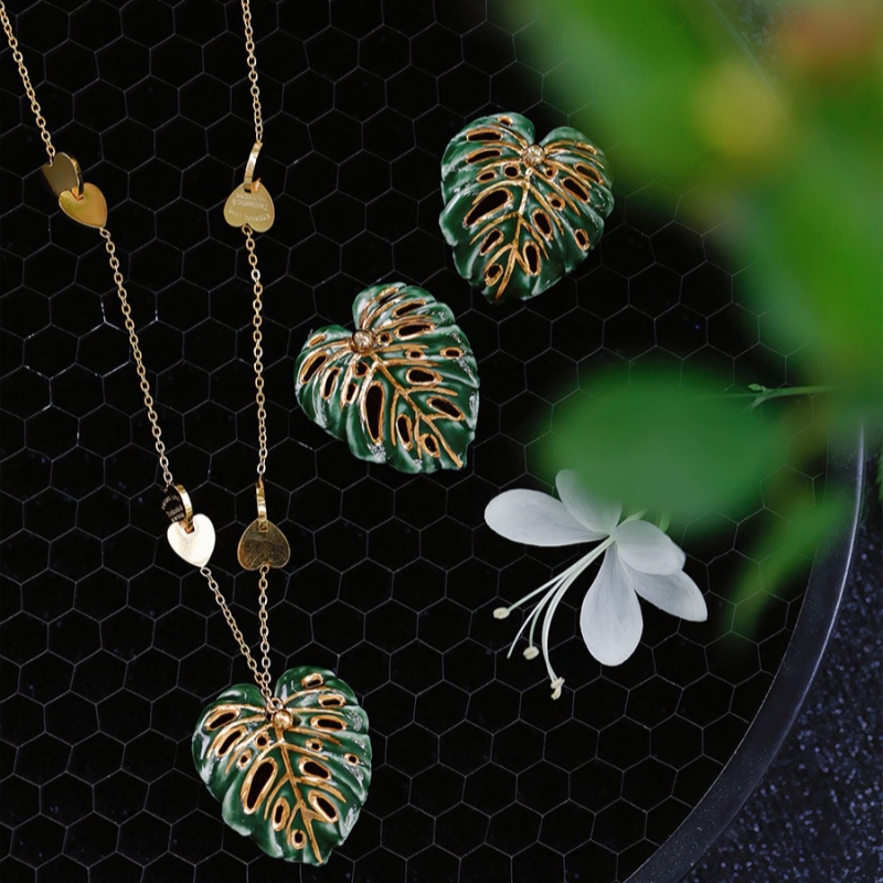 Hand-Painted Green Gold Ceramic Turtleback Bamboo Earrings