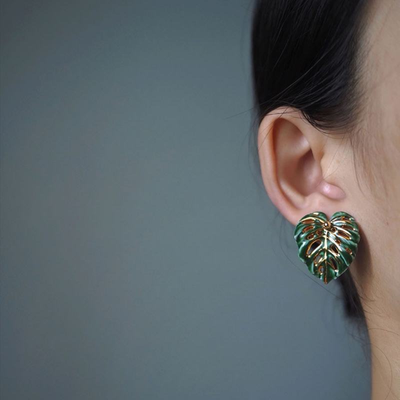 Hand-Painted Green Gold Ceramic Turtleback Bamboo Earrings