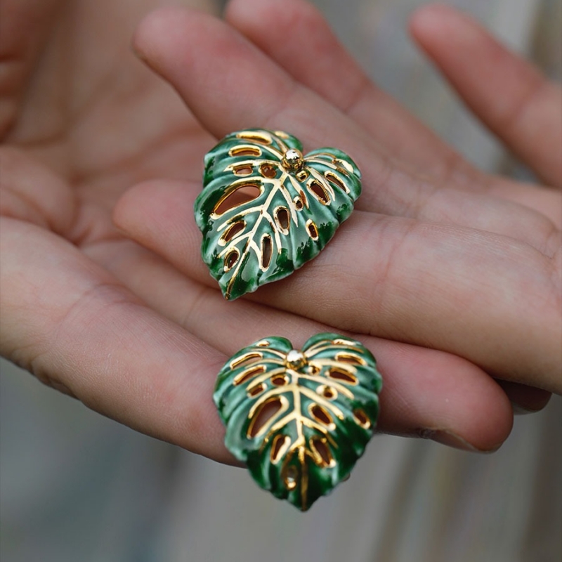 Hand-Painted Green Gold Ceramic Turtleback Bamboo Earrings