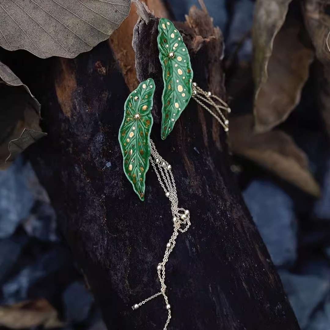 Hand-Painted Green Gold Ceramic Autumn Begonia Earrings