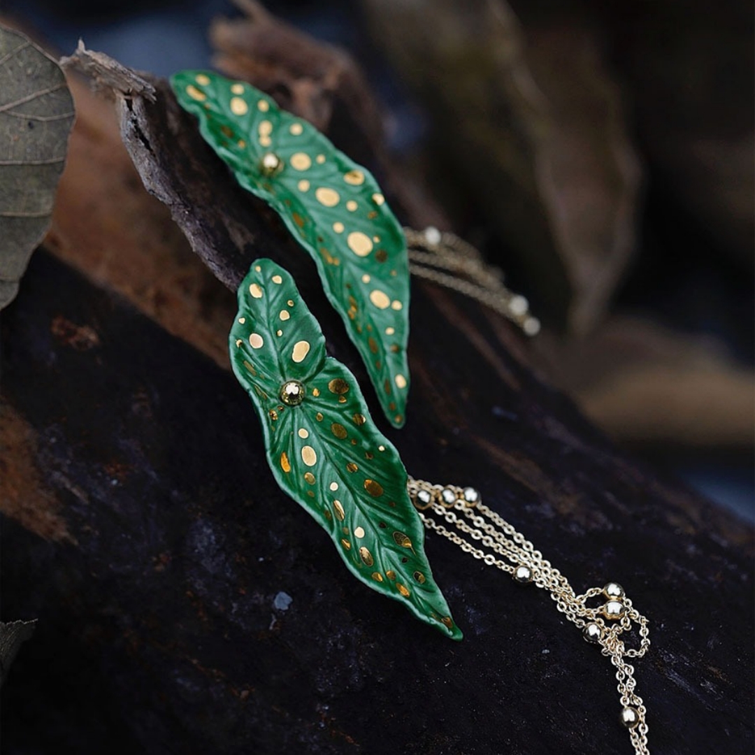 Hand-Painted Green Gold Ceramic Autumn Begonia Earrings