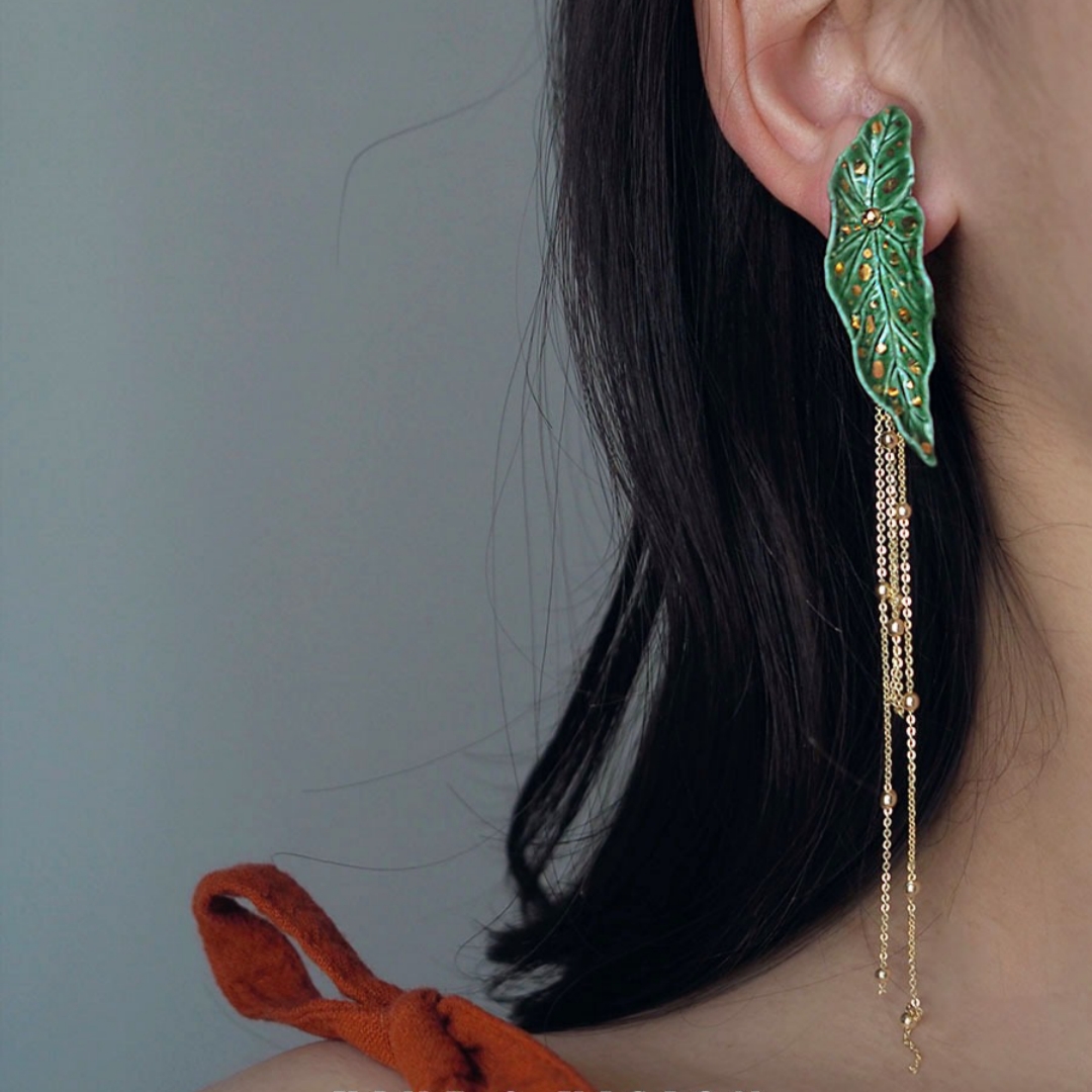 Hand-Painted Green Gold Ceramic Autumn Begonia Earrings