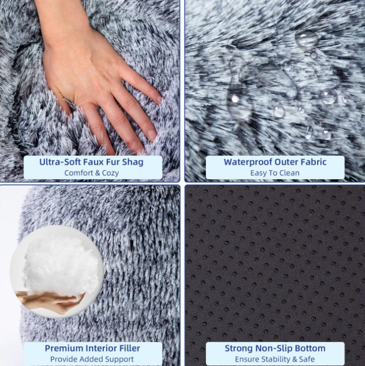 23'' Calming Dog Cat Bed - Indoor Washable Donut Dog Bed with Fluffy Faux Fur Plush, Round Anti Anxiety Pets Bed, Warming Cuddler Cushion Bed for Small Medium Dogs and Cats Kittens Puppy, Grey